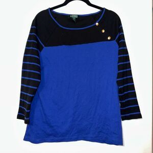 Ralph Lauren Black Blue Button Shoulder 3/4 Sleeve Shirt XL EUC